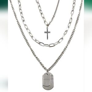 Silver Layered Necklace with Cross and Tag Pendants